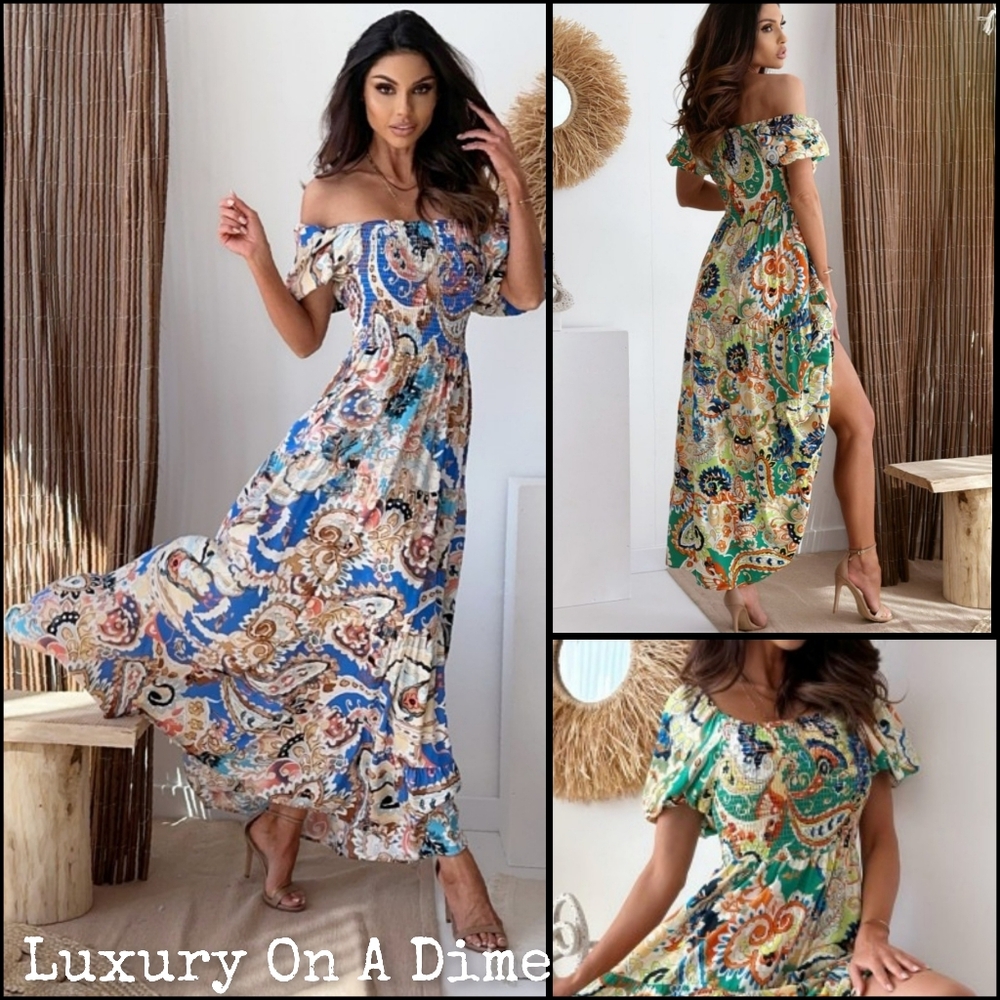 Retro Paisley Floral Smocked Bodice Tiered Colorful Summer Boho Maxi Dress - Picture 13 of 14